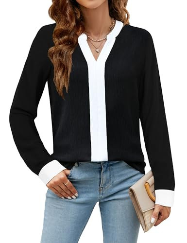 Blooming Jelly Women's Dressy Casual Blouses Business Work Tops Trendy Long Sleeve V Neck Flowy Pleated Shirts 2026 Fall Outfits (Black with White,Medium) | Amazon (US)