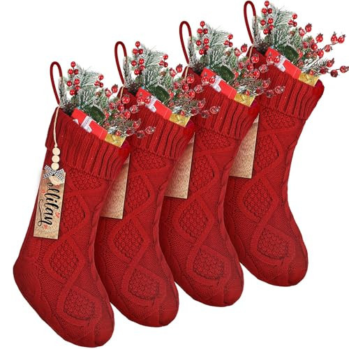 Cozypower 4 Pack Christmas Stockings with Stocking Name Tag, 18 Inch Large Cable Knitted Stockings Xmas Stocking Fireplace Hanging Stocking Gift Bags for Fireplace Xmas Tree Decorations(Red) | Amazon (US)