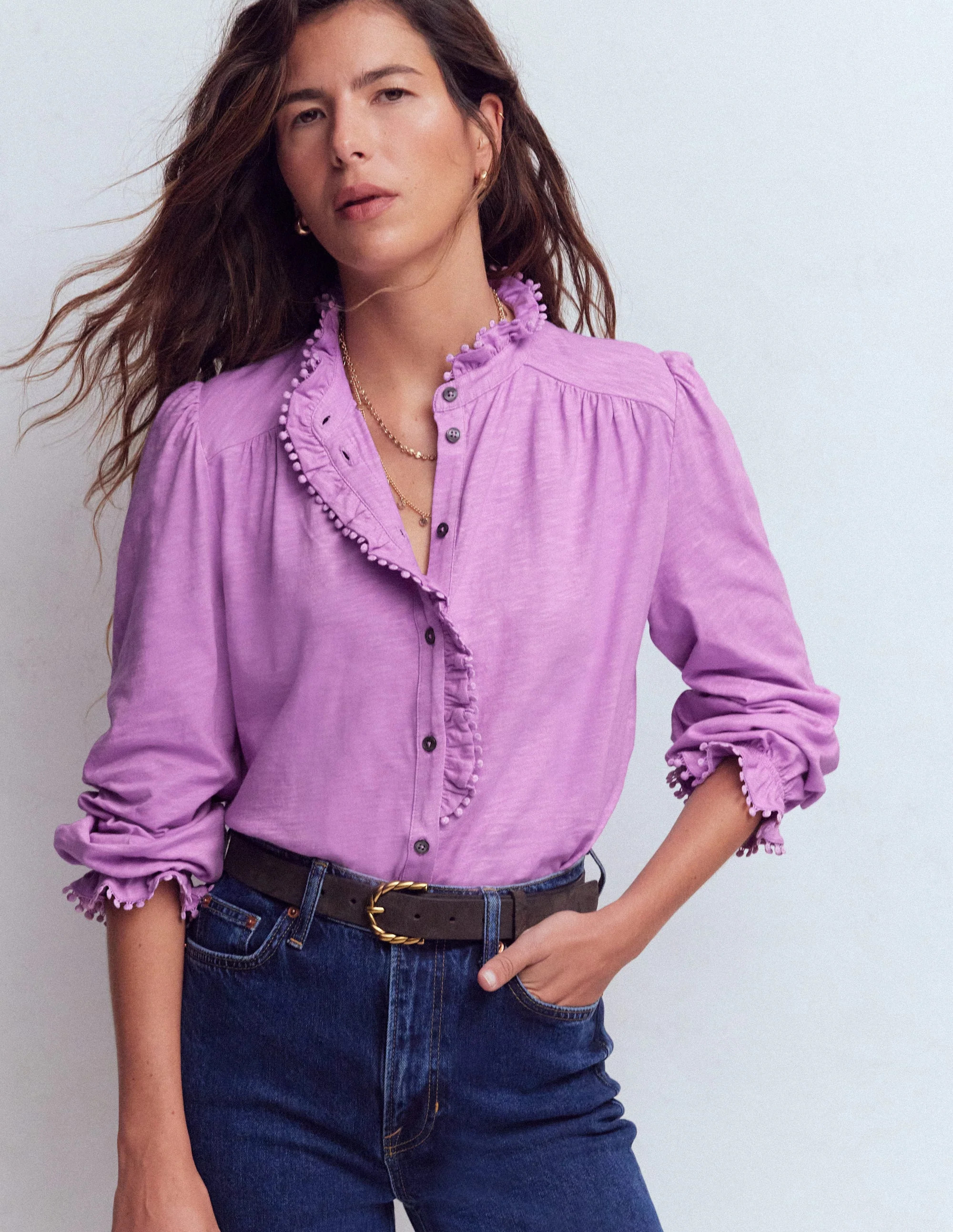Emily Pom Detail Ruffle Shirt-Chalky Violet | Boden UK