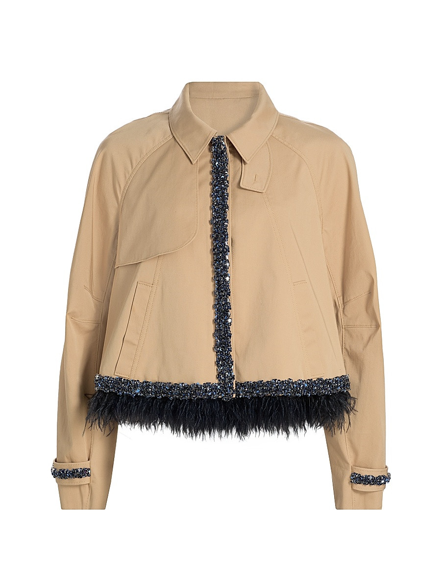 Women's Carmila Embellished Feather Trim Jacket - Khaki Navy - Size Medium | Saks Fifth Avenue