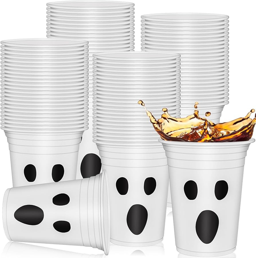 AnyDesign 50Pcs Halloween Plastic Cups 12oz White Black Ghost Design Disposable Cups Spooky Hallo... | Amazon (US)