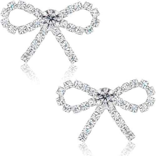 Silver Bow Earrings for Women - Silver Rhinestone Earrings, Silver Statement Earrings for Women, Sparkly Earrings for Women, Silver Tone Silver Sparkly Earrings, Bow Earrings Silver Earrings for Women | Amazon (US)