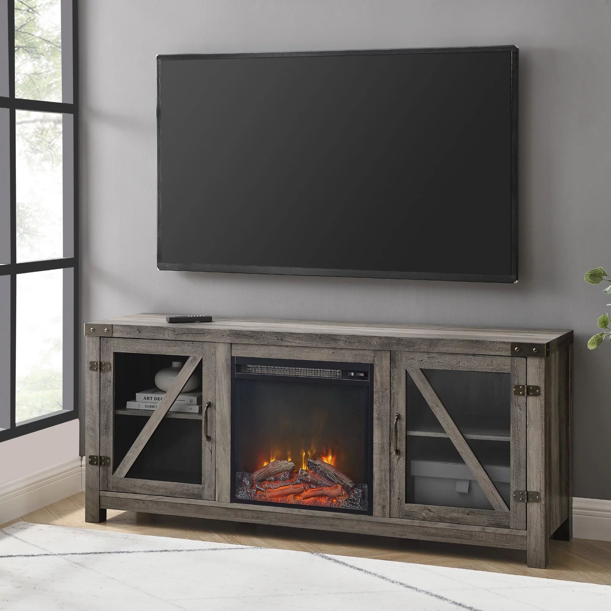 Manor Park Farmhouse Fireplace TV Stand for TVs up to 65", Grey Wash | Walmart (US)