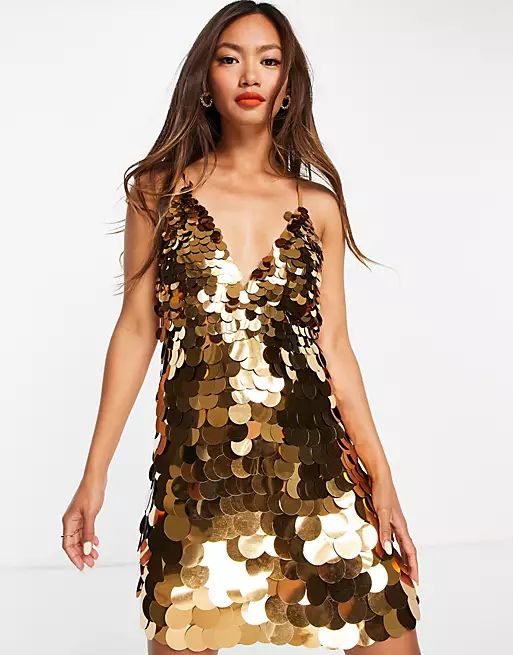 ASOS DESIGN embellished cami mini dress in copper oversized disc sequin | ASOS (Global)