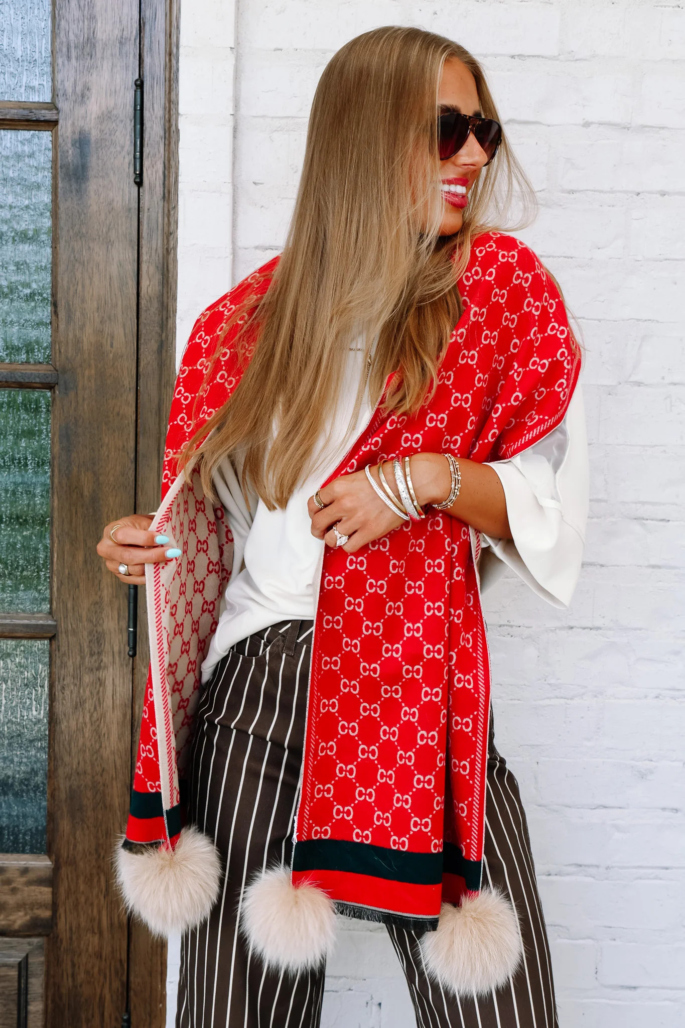 Mitchie's "Kissing C's" Pom Pom Scarf Red/Beige | The Willow Tree