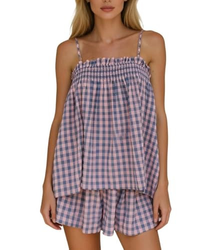 SOOKABEILA Women 2 Piece Lounge Set Sleeveless Striped Cami Peplum Top Boxer Shorts Loose Ruffle ... | Amazon (US)