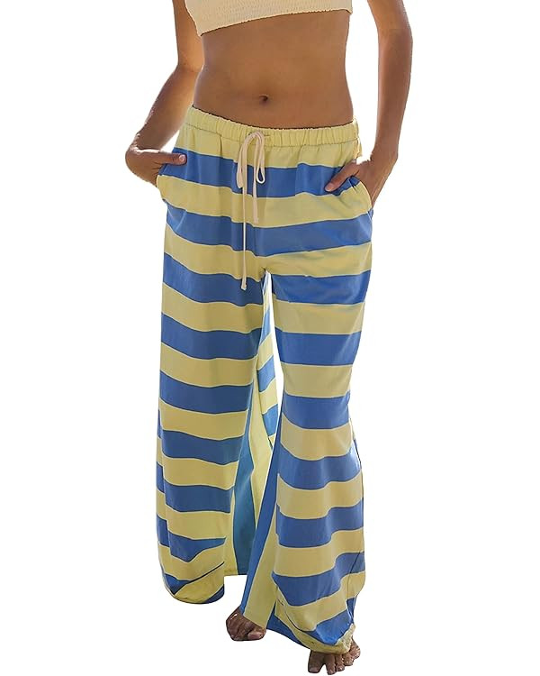 MSBESYOR Striped Lounge Pants for Women Summer Beach Trousers Drawstring Wide Leg Color Block Pan... | Amazon (US)