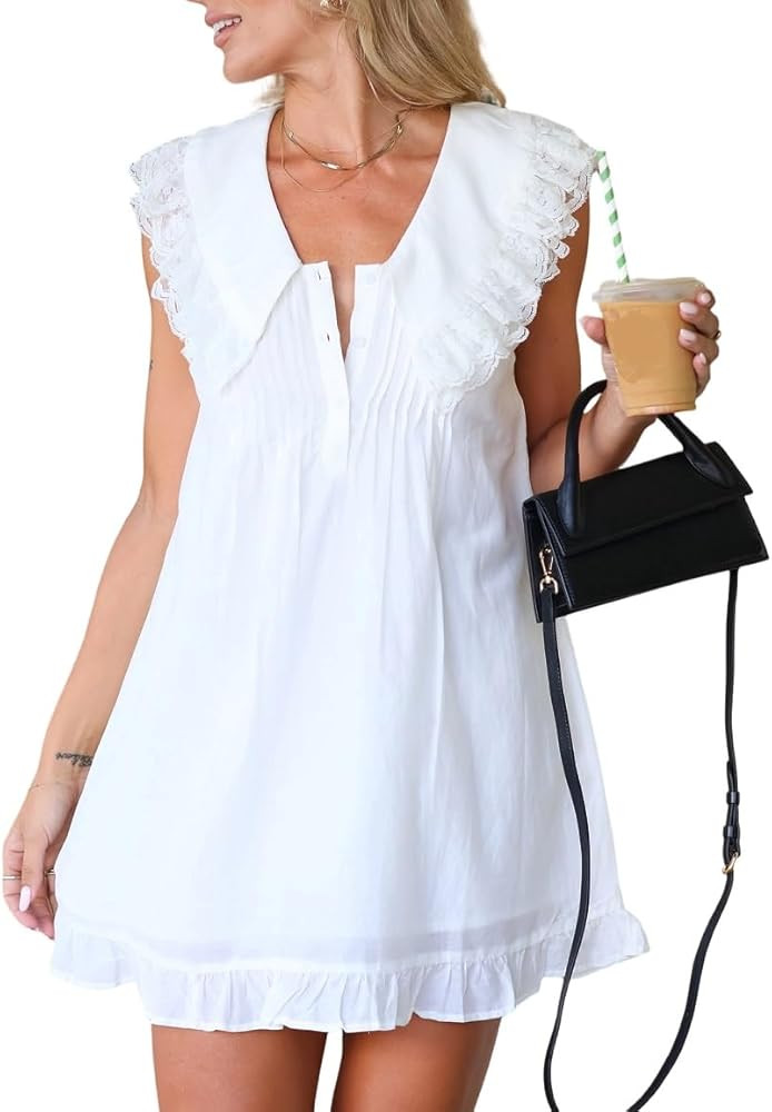 ROAONOCOMO Women V Neck Loose Mini Dress Boho Flowy Tiered Babydoll Sundress Y2K Sleeveless Going... | Amazon (US)