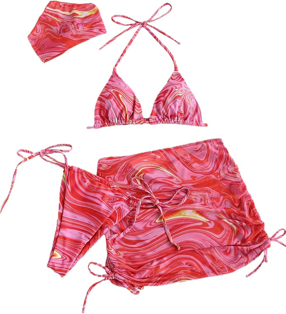 SOLY HUX Women's 4 Piece Swimsuits Triangle Bikini Bathing Suits with Mesh Beach Skirt & Bandana | Amazon (US)