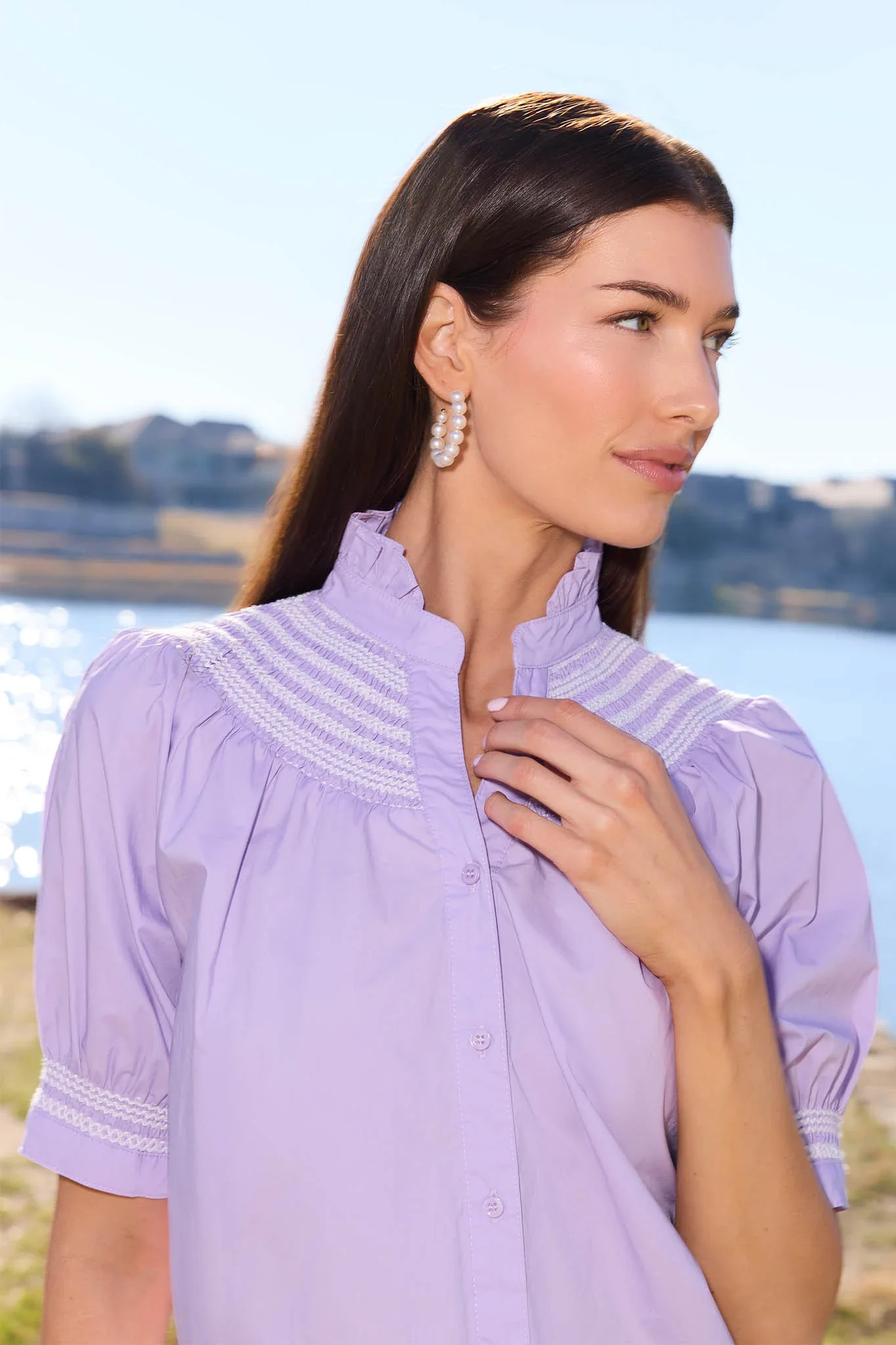 Yvonne Lilac Embroidered Button Up Top | Avara
