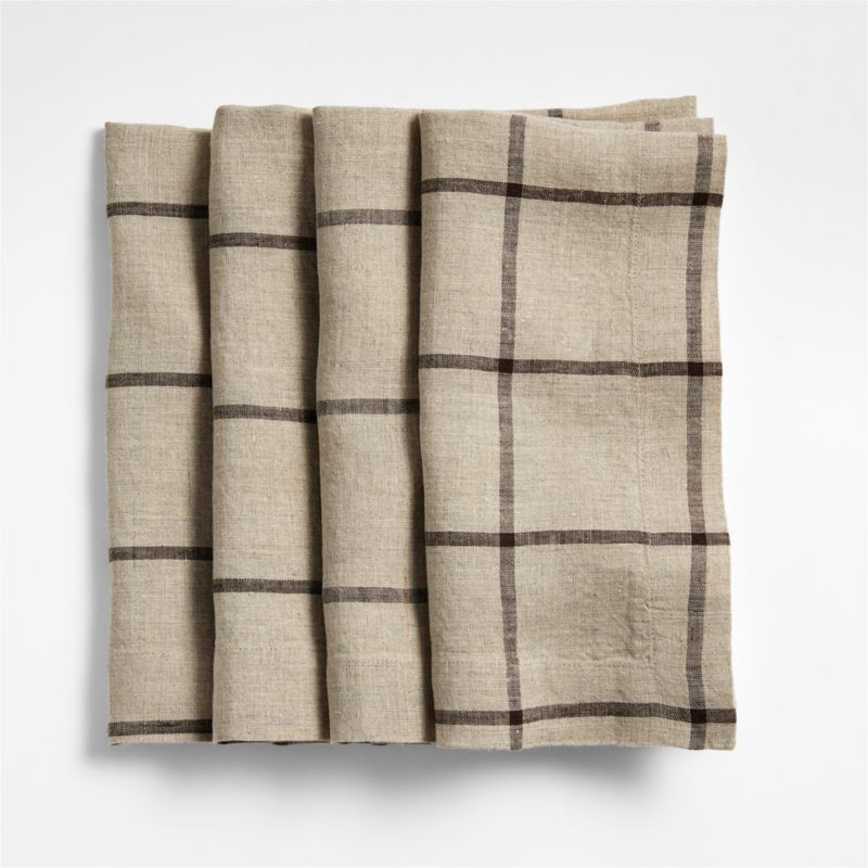 Marin Natural and Earth Brown EUROPEAN FLAX -Certified Line Windowpane Plaid Napkins, Set of 4 + ... | Crate & Barrel