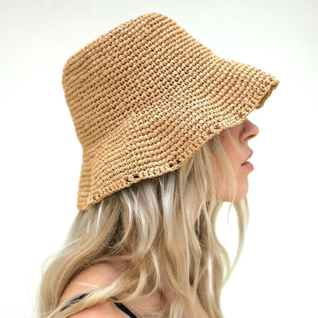 Raffia Sun Beige Hat, Woven Natural Bucket Hat, Crochet Summer Panama for Resort Style, Beach Sun... | Etsy (US)