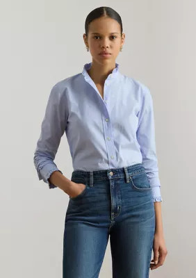 Lauren Ralph Lauren Women's Ruffle-Trim End-on-End Cotton Shirt, Blue, Medium | Belk