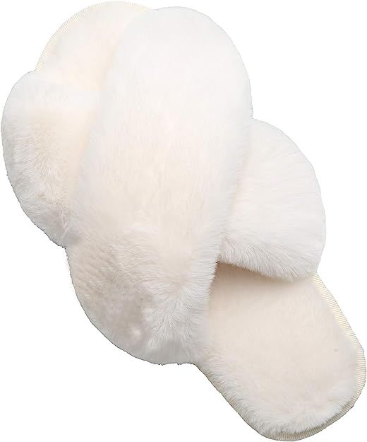 LZLER Women Fuzzy Fluffy Furry Slippers Fur Flip Flop Open Toe Slippers Cross Band Shoes Slides f... | Amazon (US)