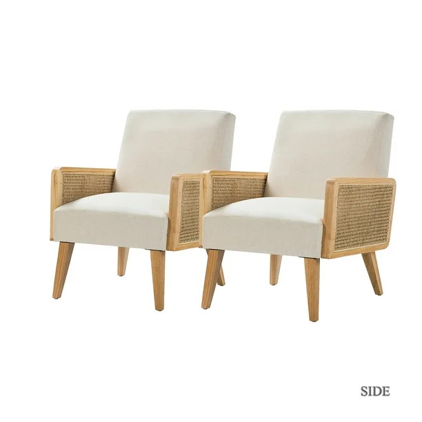 14 Karat Home Mid-century Accent Chair with Rattan Armrests, Fabric Upholstered Wooden Reading Ar... | Walmart (US)