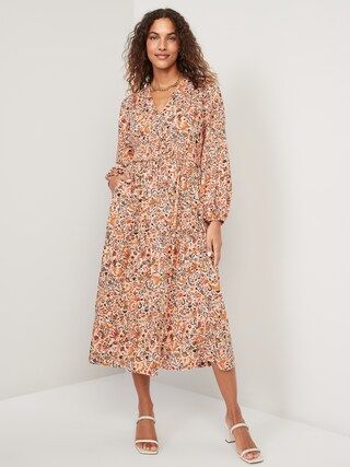 Waist-Defined Puff-Sleeve Floral Smocked Midi Dress for Women | Old Navy (US)