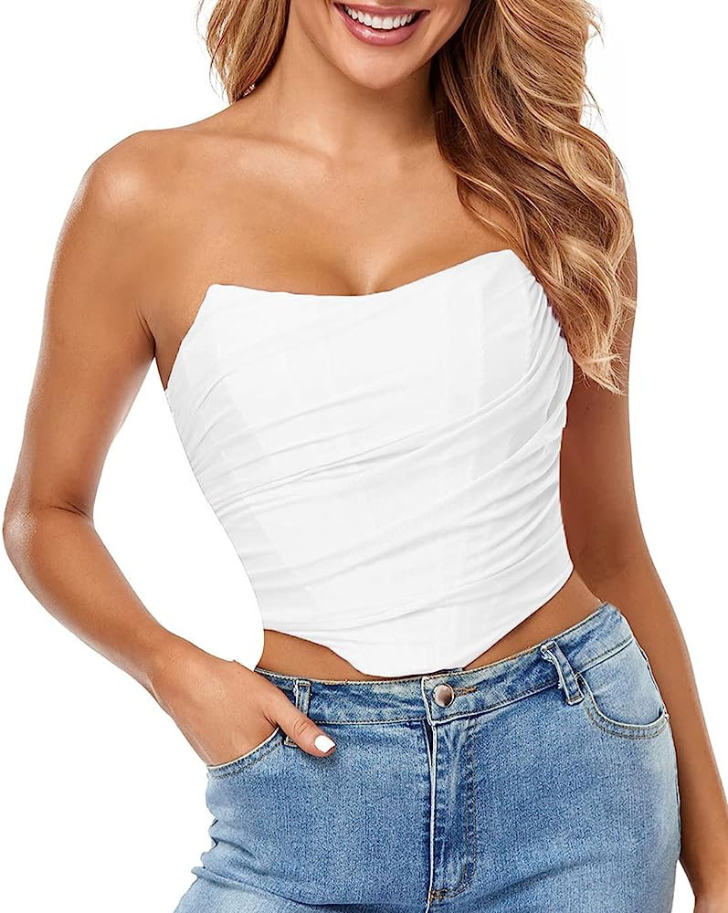 Arjungo Women's Sexy Strapless Boned Mesh Open Back Bustier Zip Up Corset Bodyshaper Crop Top | Amazon (US)