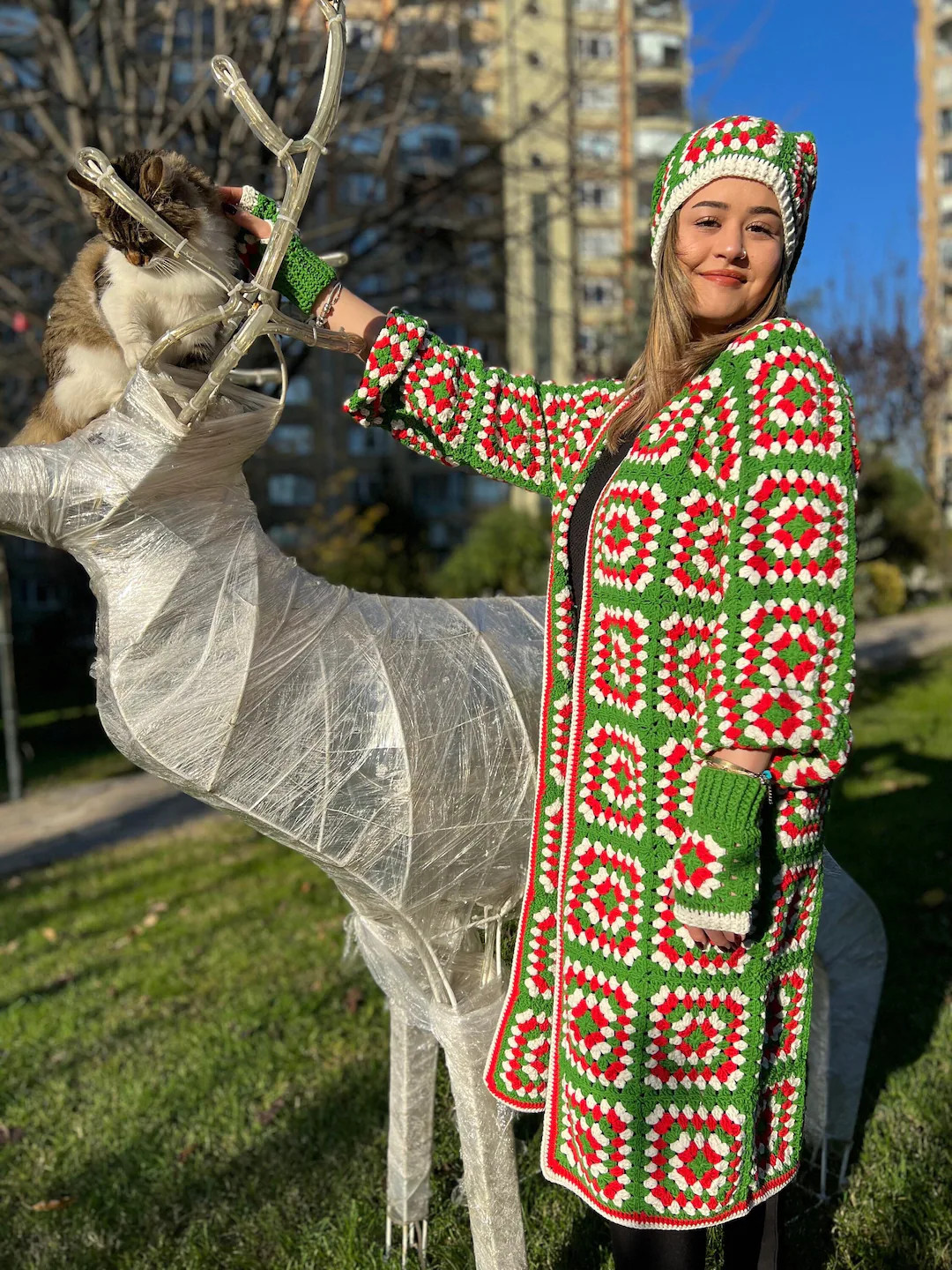 Christmas Cardigan, Crochet Green Coat, Elf Cardigan, Ugly Christmas Sweater, Granny Square Coat,... | Etsy (US)