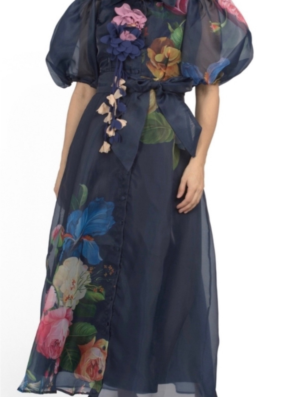 Navy Floral Organza Maxi Dress with Puff Sleeves | Poshmark