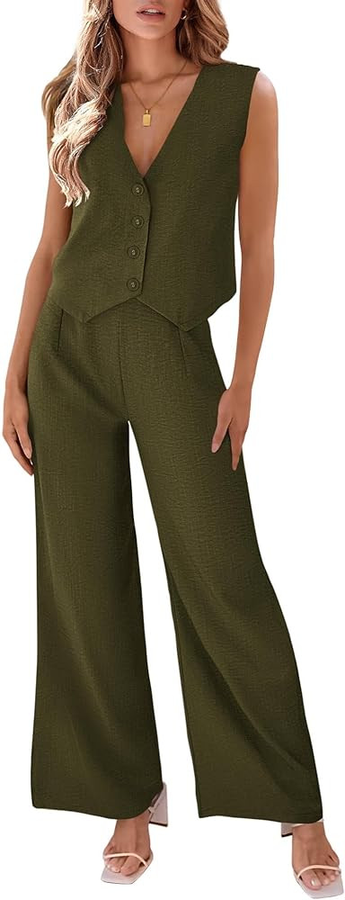 KIRUNDO Women Two Piece Sets 2024 Summer Lightweight Sleeveless Button Up V Neck Vest Waistcoat a... | Amazon (US)
