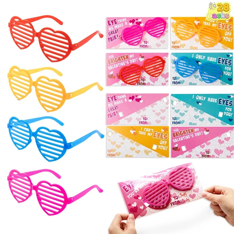 SYNCFUN 28 Packs Valentines Day Cards with Heart Shaped Glasses for Kids, Valentines School Class... | Walmart (US)