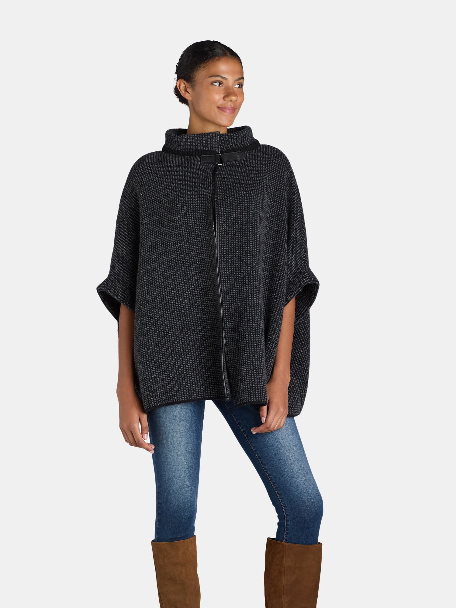 Time and Tru Women's Knit Fashion Cover-Up Ruana, Black, Size S/M - Walmart.com | Walmart (US)