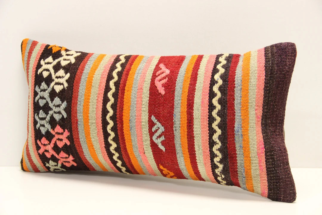 Handmade Lumbar Kilim Pillow Cover 10x20, Turkish Boho Cushion - Etsy | Etsy (US)