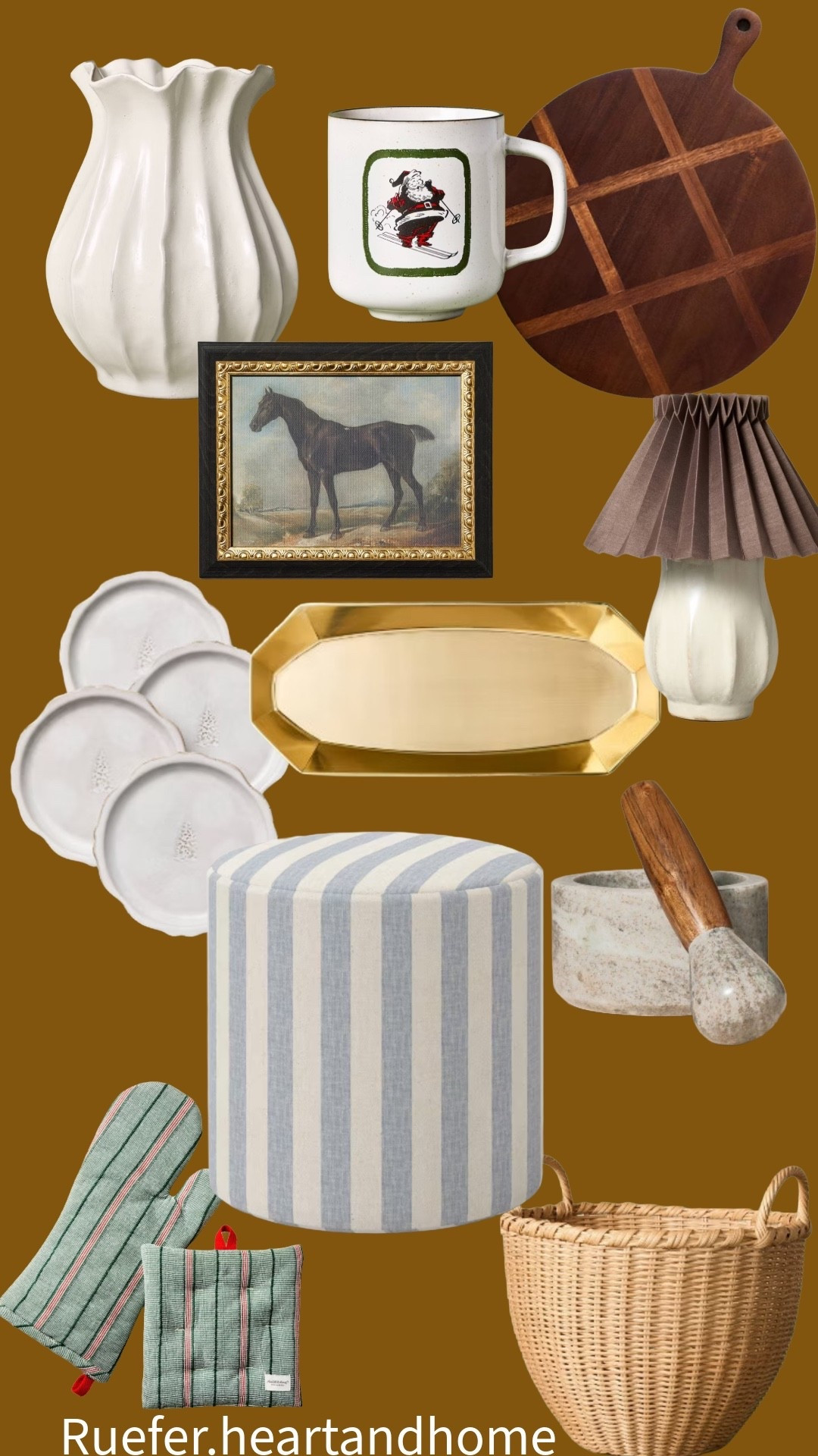 Home decor from Target… some oldies, but goodies mixed in here. Pieces that I think are timeless and work in a variety of styles. Framed horse art, large scallop ceramic vase, upholstered round ottoman, mortar and pestle, plates, lamp, gold tray, basket, home decor, shelf styling

#LTKHome #LTKFindsUnder50 #LTKSaleAlert