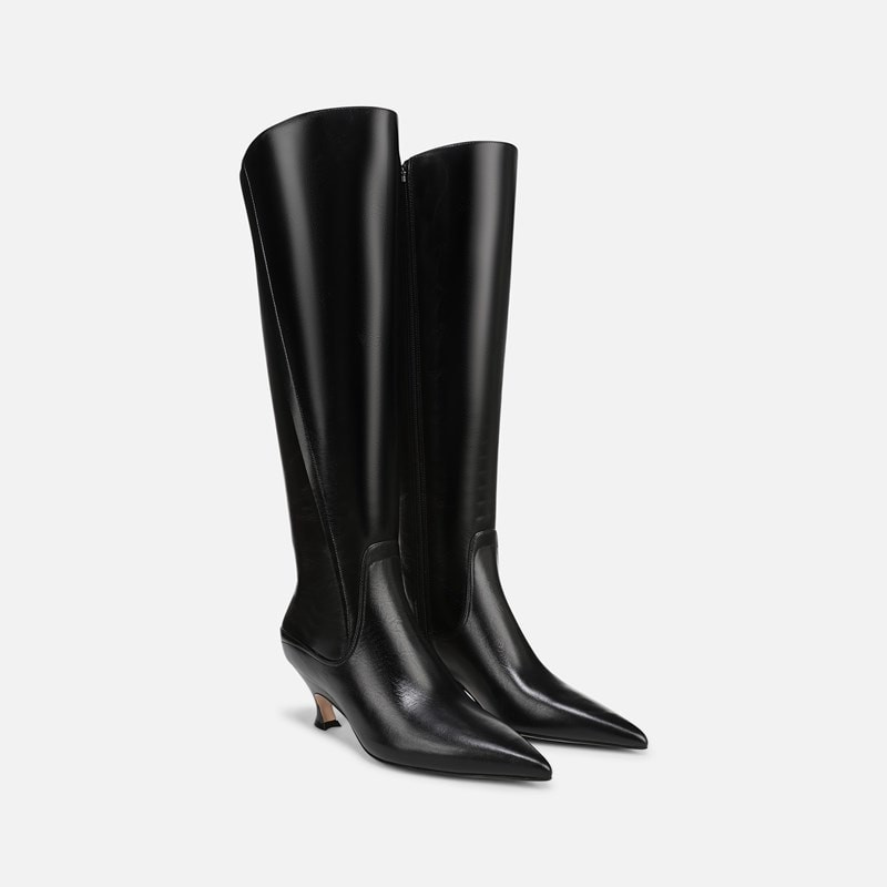 27 EDIT Pepper Knee High Boots, Black Leather, 9.0M 3-Inch Heels, Pointed Toe, Zip Closure, Rubber Outsole | Naturalizer