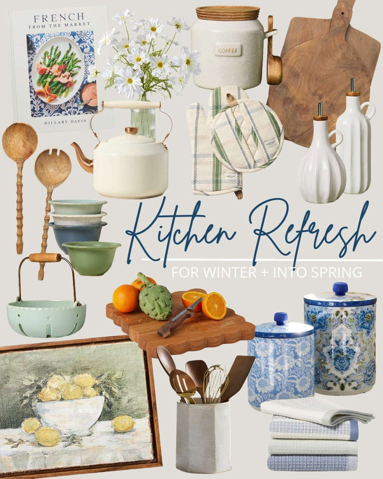 Easy kitchen upgrades that feel timeless and collected. Get the look. Shop the pieces here.
square scalloped cutting board, stoneware cookie jars, carved handled salad servers, cooking book, lemon bowl wall art, stoneware oil and vinegar set, ceramic coffee storage, cream kettle, pinched edge mini bowls, serving bowl with handle, waffle dishcloths, white cosmos artificial flowers, plaid oven mitts, stoneware utensil holder, bread board #LTKFindsUnder50 #LTKFindsUnder100 

 #LTKHome