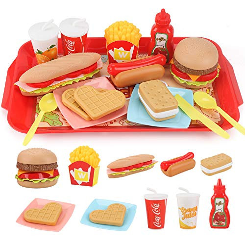 Sotodik Pretend Play Food Set for Children,Removable Fast Food Playset with Tray Hamburger Hotdog Fries Combo,Play Kitchen Accessories Role Play Toys,Christmas Birthday Gift for Kids Boys Girls(15PCS) | Amazon (US)