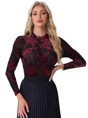 Allegra K See Through Mesh Top for Women's Mock Neck Velvet Floral Print Holiday Tee Shirts Large Black Red | Amazon (US)