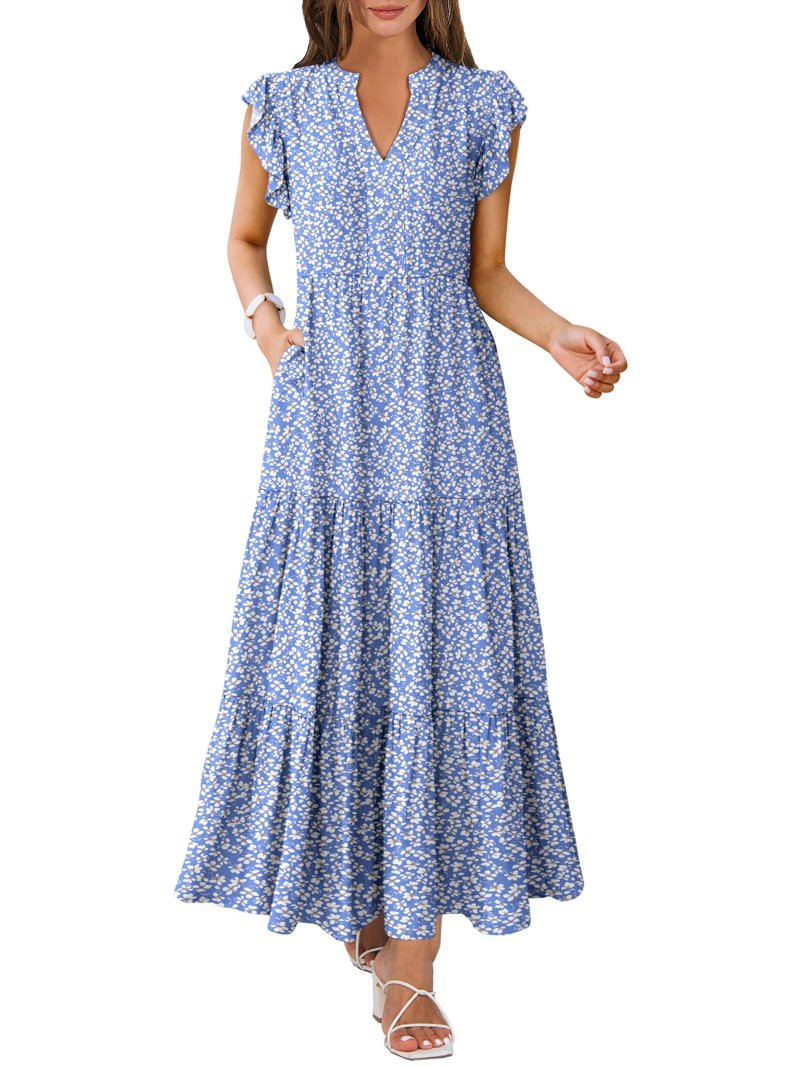ANRABESS Womens Summer Maxi Dress V Neck Ruffle Sleeve Flowy Tiered Boho Casual Beach Vacation Su... | Walmart (US)
