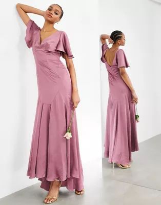 ASOS EDITION satin maxi dress with flutter sleeves in orchid | ASOS (Global)