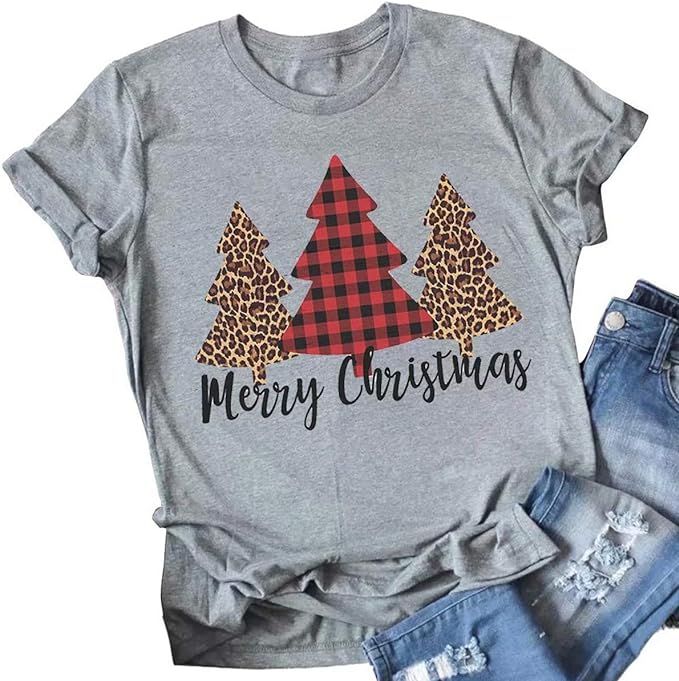 LUKYCILD Christmas Trees Shirt Leopard Women Funny Letter Print Short Sleeve T-Shirt Round Neck P... | Amazon (US)