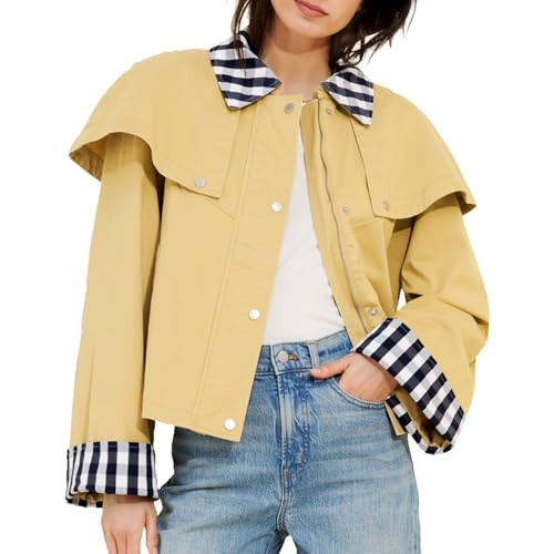 CUFEZN Women's Gingham Cape Jacket, Cotton Plaid Trim Trench Coat Snap Button Cropped Peacoat with Pockets Khaki Small | Amazon (US)