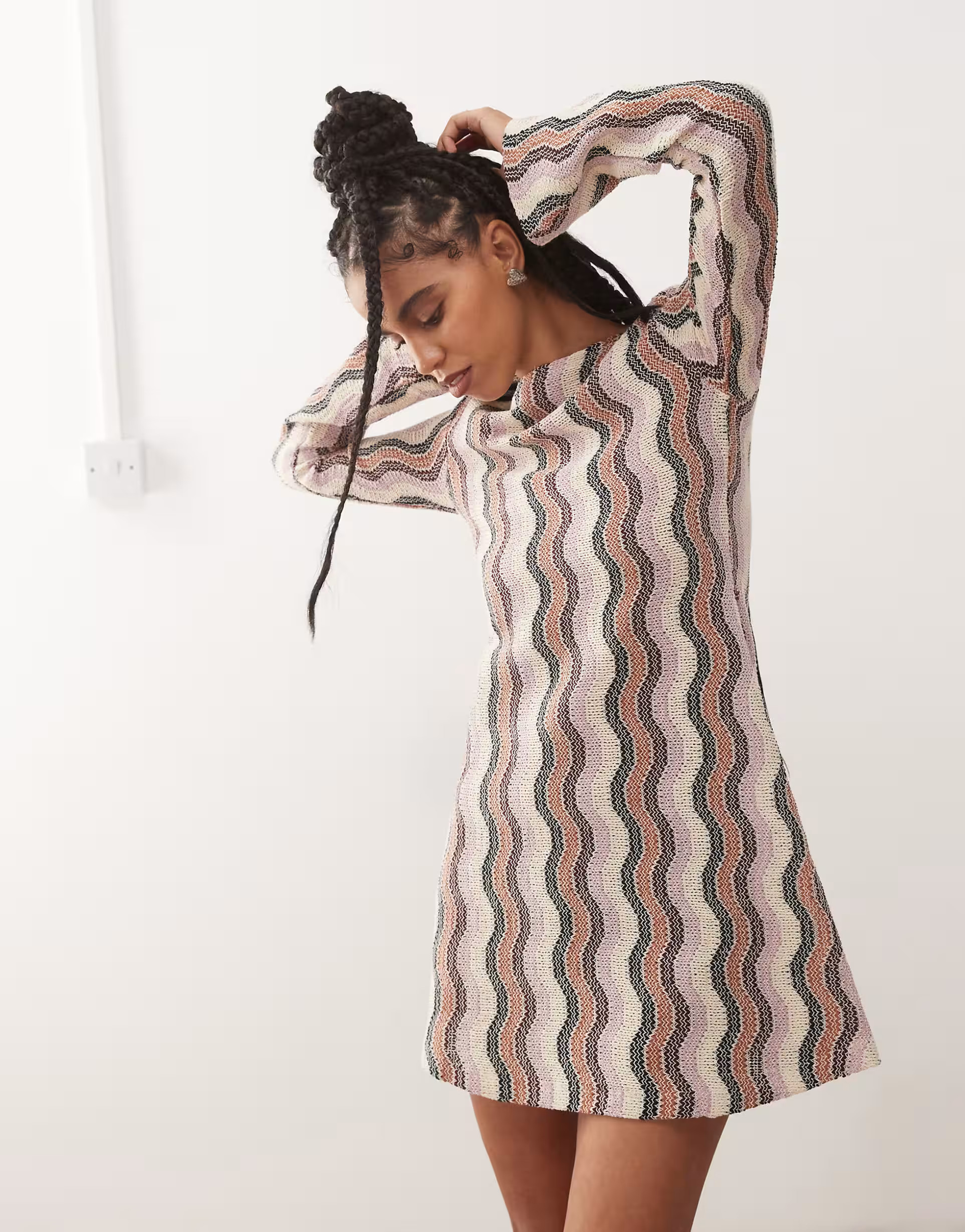 Reclaimed Vintage stripe crochet flare sleeve festival mini dress in multi stripe | ASOS (Global)