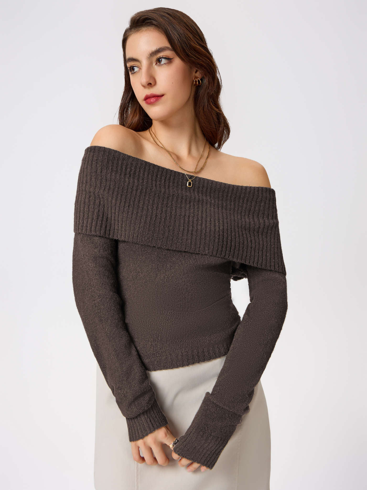 Off-shoulder Knitted Long Sleeve Top | Cider