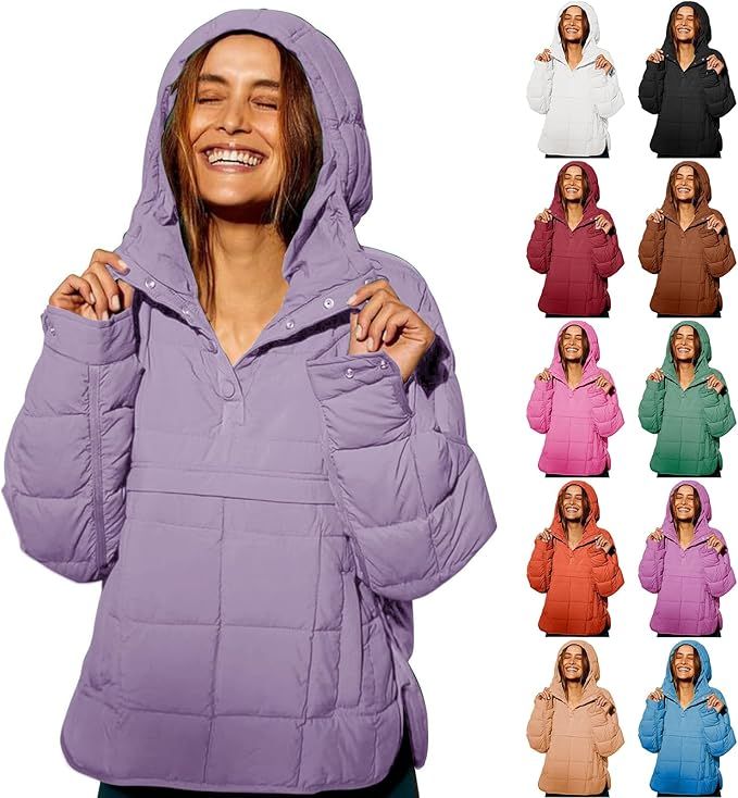 Mmoneyake Women's Quilted Pullover Puffer Jacket Oversized Long Sleeve Hooded Coats Lightweight W... | Amazon (US)