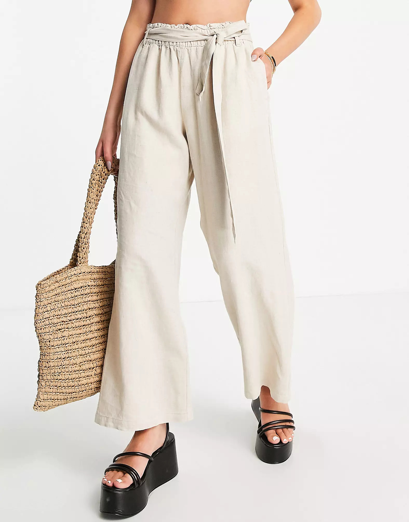 JDY wide leg belted linen pants in oatmeal | ASOS (Global)