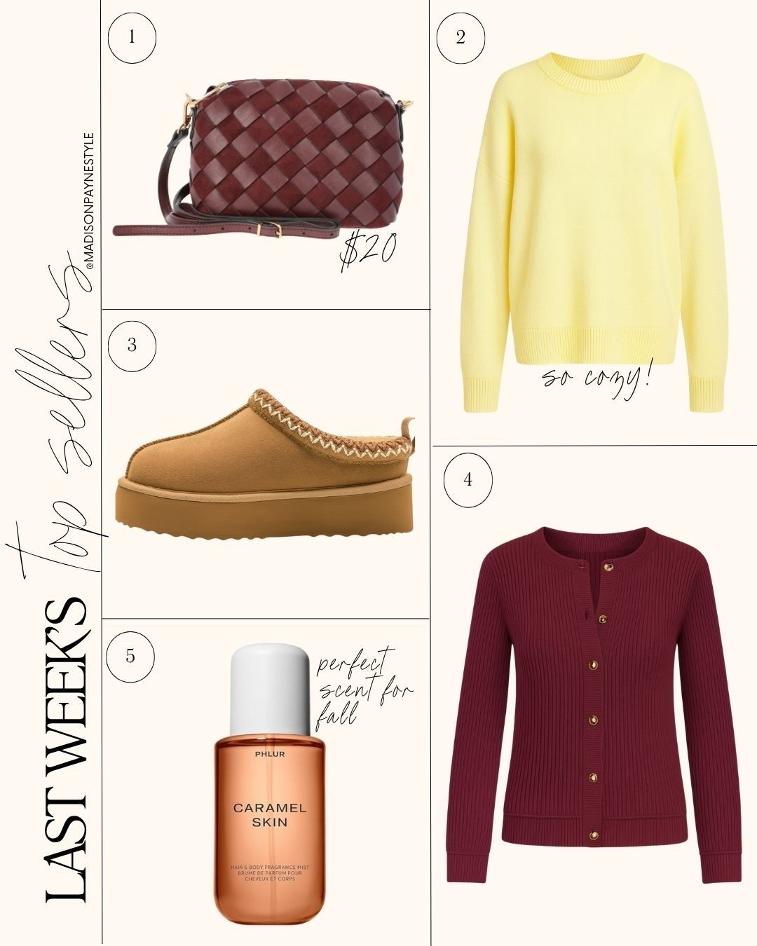 Last week’s best sellers included a $20 woven handbag, a cozy crewneck sweater, viral platform clogs, a cardigan perfect for transitioning to cooler weather, and a body mist that makes a great fall scent🥰

Best sellers, Walmart handbag, fall handbag, Amazon sweater, fall sweater, fall outfit, Amazon clogs, Ugg look for less, Amazon cardigan, fall cardigan, phlur, body mist, Madison Payne 

#LTKStyleTip #LTKSeasonal #LTKFindsUnder50