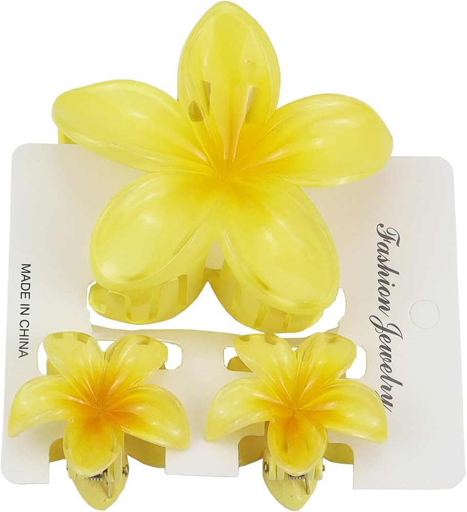 Flower Hair Claw Clip Set,1 Pc Large and 2 Pcs Small Hawaiian Plumeria Claw Clips,Beach Tropical ... | Amazon (US)