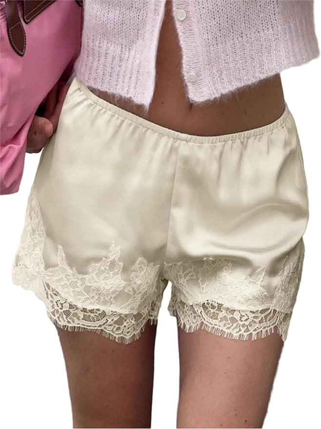 UAURORAO Women Satin Silk Shorts Lace Trim Patchwork Mini Micro Shorts Silky Low Rise Coquette Lo... | Amazon (US)