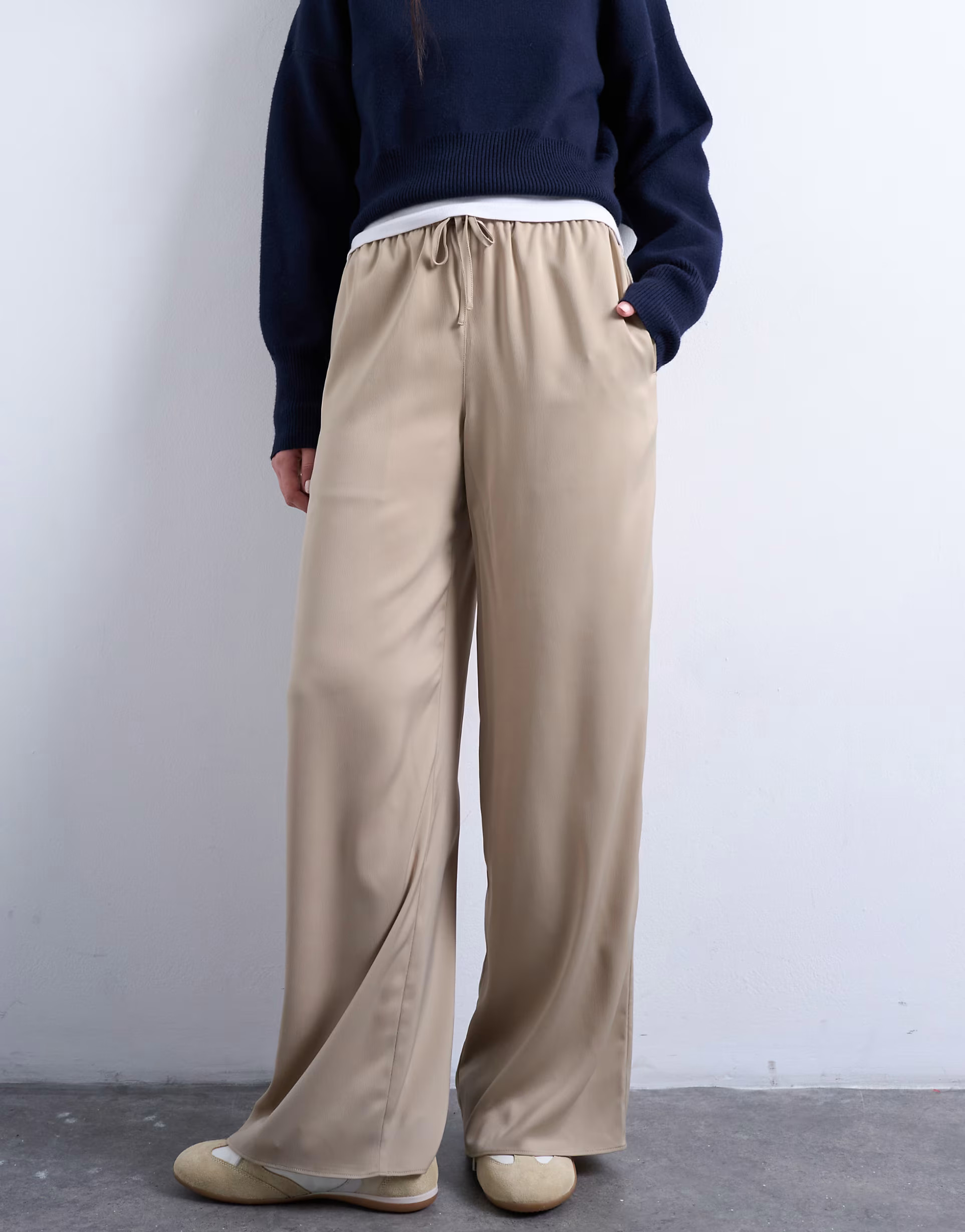 Topshop satin tie waist wide leg pants in champagne | ASOS (Global)