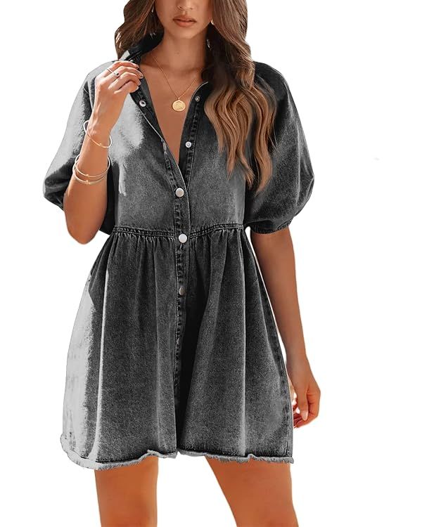 Pepochic Womens Summer Denim Dress Button Down Short Sleeve Babydoll Dress Puff Sleeve Flowy Jean... | Amazon (US)