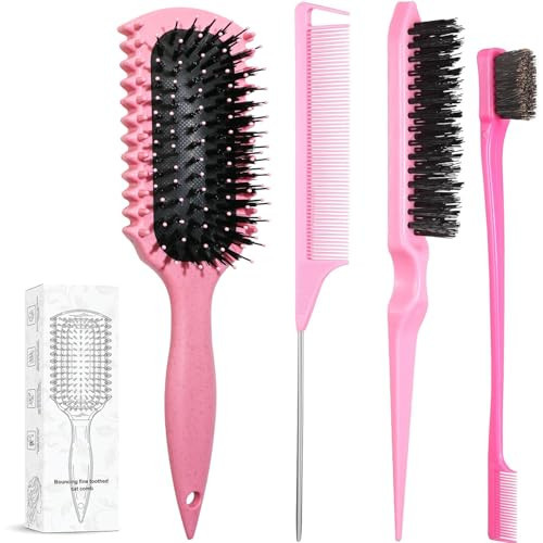 Curl Defining Brush, Curly Hair Brush Products With 3 Pcs Slick Back Hair Brush Set Bristle Brush Edge Control Teasing Comb for women (Pink) | Amazon (US)