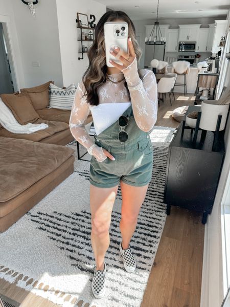 Summer Outfit Inspo 🤍 love these green overalls for summer! they come in a ton of color options too 👏🏼 I sized down one since I think they run a little big! 

Lace Top — xs
Tube Top — small
Overalls — xs

platform checkered vans slip on sneakers | free people inspired lace top | white lace long sleeve top | casual running errands outfit | spring fashion | summer fashion | shortalls outfit | overalls outfit | olive green overalls | army green overalls | brunch outfit ideas 



#LTKFindsUnder100 #LTKFindsUnder50 #LTKShoeCrush