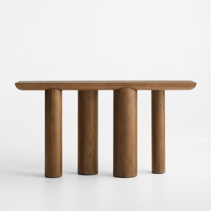 Bomen Asymmetrical Brown Oak Wood 66" Console Table + Reviews | Crate & Barrel | Crate & Barrel