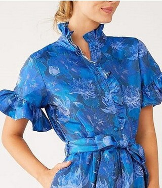 Abbey Glass Floral Print Sadie Ruffle Stand Collar Short Sleeve Tie Waist Tiered Pocketed Midi Dr... | Dillard's