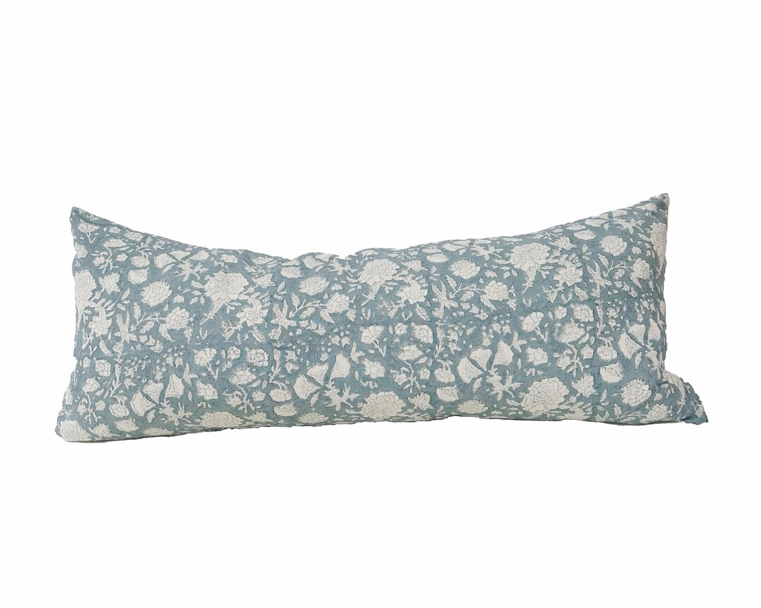 Block Print Linen Pillow, Antique Blue and Natural Floral Linen Pillow Cover, Lumbar Pillow Cover... | Etsy (US)